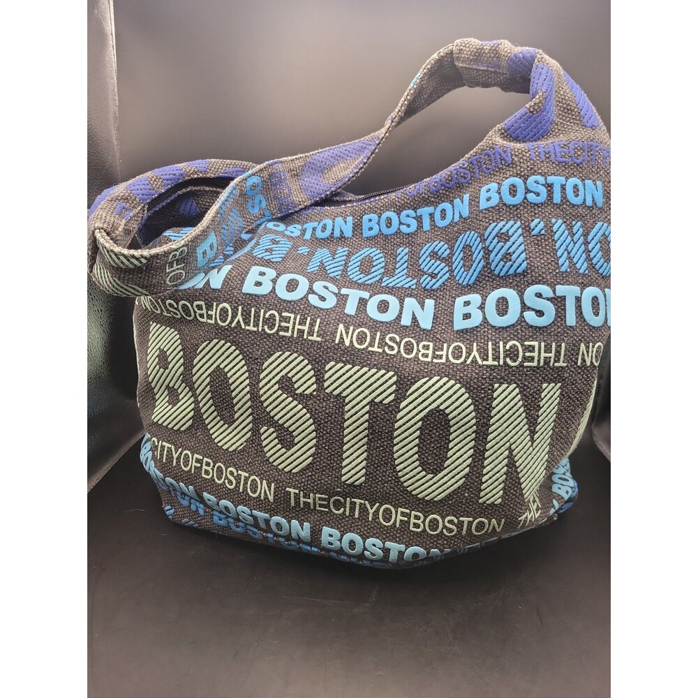 Robin Ruth Boston City Canvas Hobo Bag Blue Typography Tote Zipper